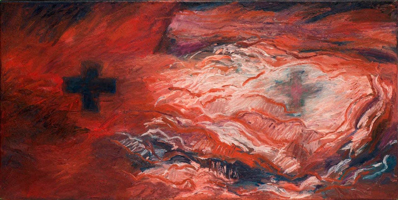 Kay WalkingStick, "Eternal Chaos / Eternal Calm" (1993), acrylic on canvas, 20.5 x 41 in, collection of the artist (photo by Lee Stalsworth, Fine Art through Photography, LLC)