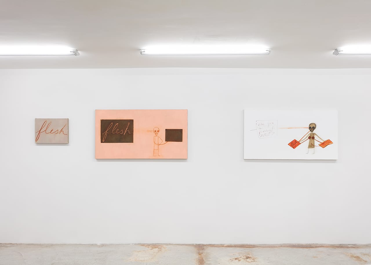 Mira Schor, left to right: "Flesh" (2015), oil on linen, 12 x 16 inches; "Flesh" (2015), oil on linen, 24 x 45 inches; "Interview: Are You A Feminist Artist?" (2015), ink, acrylic, oil on gesso on canvas, 24 x 45 inches (click to enlarge)