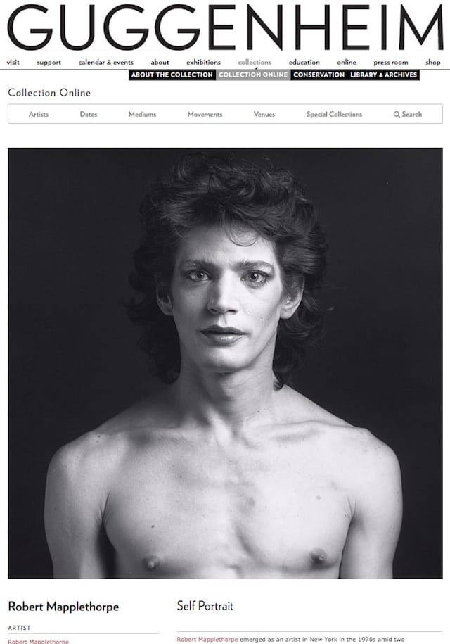 A portrait of Robert Mapplethorpe in the collection of the Solomon R. Guggenheim Foundation, which James R. Miller claims is his own work, not Mapplethorpe's. (screenshot by the author via guggenheim.org)