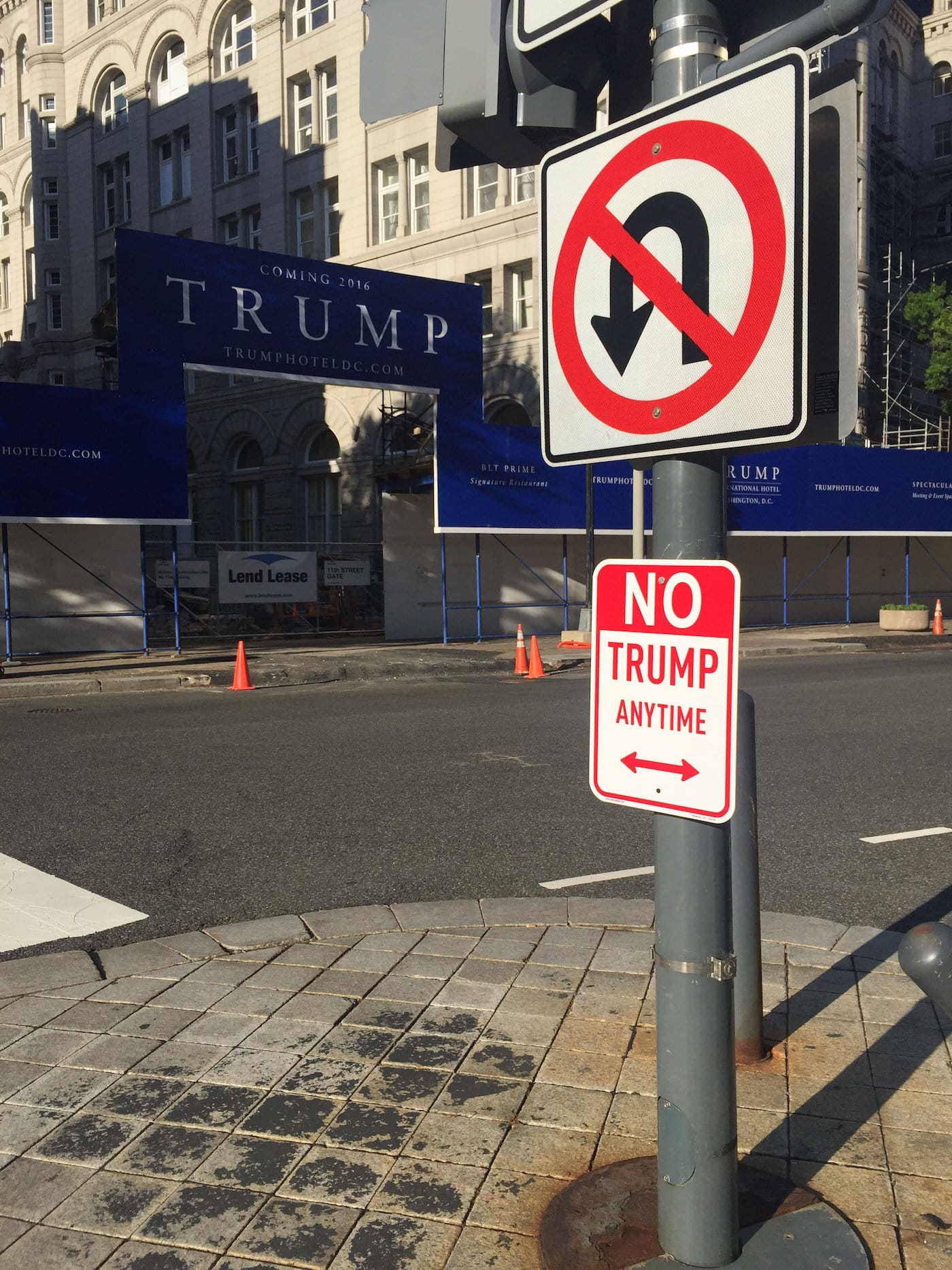 “ No Trump” signs appear in cities across the USA. - Signs spotted in New York, LA, Chicago, DC and Miami. - Outside Trump Building in New York - One sign is a stones throw from The Congress building. - A sign is outside Trump Tower in Chicago There has been a lot of protests about presidential favorite Donald Trump’s campaign but none as official looking as this. Days after the controversial GOP candidate cruised to victory in the New York primaries official looking “No Trump Anytime” signs have appeared in cities across the USA. The metal signs have be spotted in New York, Chicago, Los Angeles, Washington DC and Miami. It’s believed that the signs are not official sanctioned parking restrictions but instead are the work of controversial Los Angeles based street artist PLASTIC JESUS. In April 2015 the artist installed “No Kardashian Parking” signs around Hollywood a move that was widely commended by the general public. He also gained notoriety for his cocaine snorting oscars statue placed on Hollywood Blvd a few days before the 2015 Oscar ceremony. The former photo-journalist has become known for his guerrilla style street art. The signs first appeared over the weekend are located on some of the most famous location and busiest streets including Hollywood Blvd, Los Angeles, under the shadow of the congress building in Washington DC, and Union Station . There is even a sign outside Trump Tower in Chicago and a number of other Trump properties.