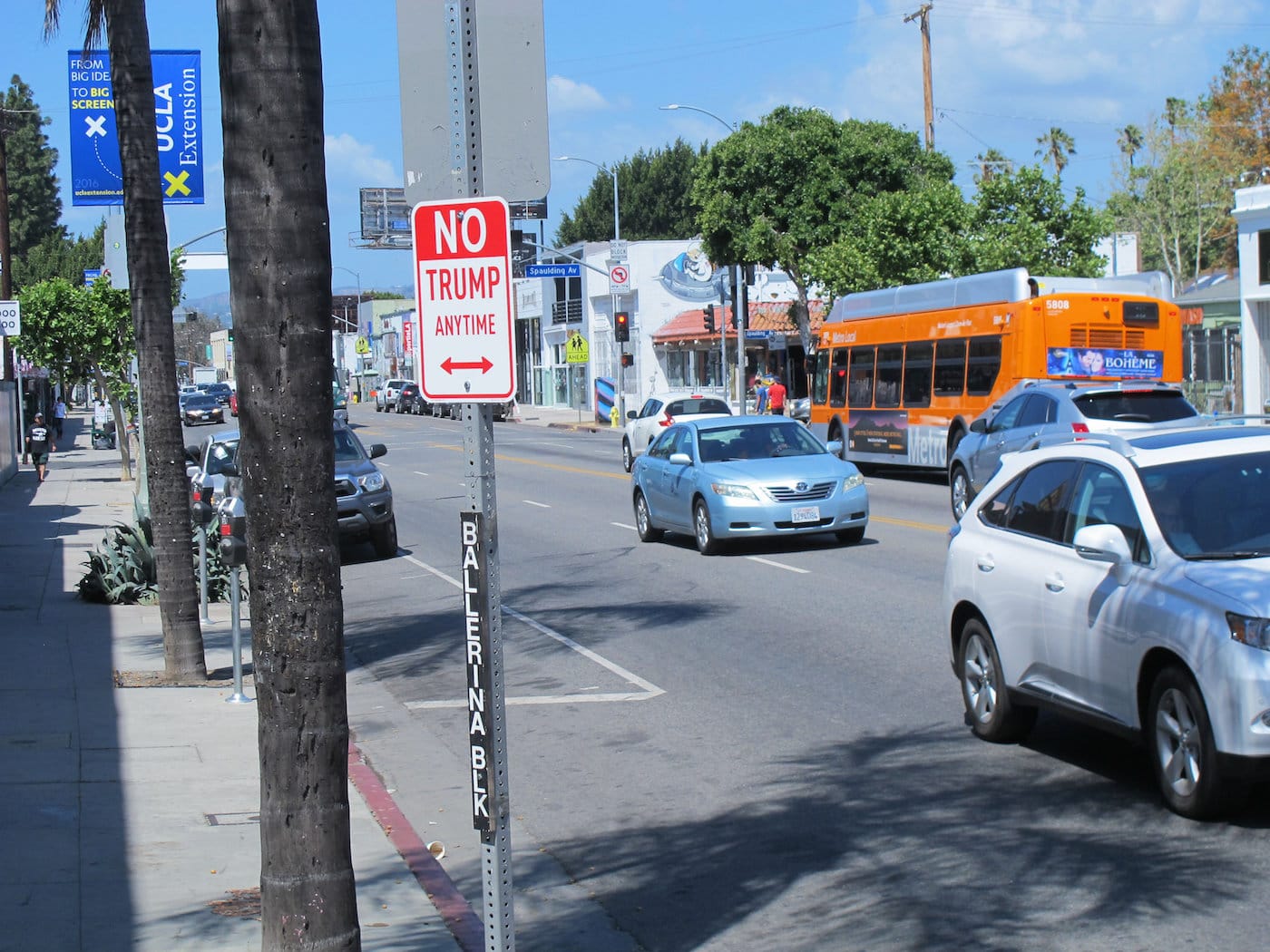 “ No Trump” signs appear in cities across the USA. MELROSE AVENUE.LA. - Signs spotted in New York, LA, Chicago, DC and Miami. - Outside Trump Building in New York - One sign is a stones throw from The Congress building. - A sign is outside Trump Tower in Chicago There has been a lot of protests about presidential favorite Donald Trump’s campaign but none as official looking as this. Days after the controversial GOP candidate cruised to victory in the New York primaries official looking “No Trump Anytime” signs have appeared in cities across the USA. The metal signs have be spotted in New York, Chicago, Los Angeles, Washington DC and Miami. It’s believed that the signs are not official sanctioned parking restrictions but instead are the work of controversial Los Angeles based street artist PLASTIC JESUS. In April 2015 the artist installed “No Kardashian Parking” signs around Hollywood a move that was widely commended by the general public. He also gained notoriety for his cocaine snorting oscars statue placed on Hollywood Blvd a few days before the 2015 Oscar ceremony. The former photo-journalist has become known for his guerrilla style street art. The signs first appeared over the weekend are located on some of the most famous location and busiest streets including Hollywood Blvd, Los Angeles, under the shadow of the congress building in Washington DC, and Union Station . There is even a sign outside Trump Tower in Chicago and a number of other Trump properties. - Signs spotted in New York, LA, Chicago, DC and Miami. - Outside Trump Building in New York - One sign is a stones throw from The Congress building. - A sign is outside Trump Tower in Chicago There has been a lot of protests about presidential favorite Donald Trump’s campaign but none as official looking as this. Days after the controversial GOP candidate cruised to victory in the New York primaries official looking “No Trump Anytime” signs have appeared in cities across the USA. The metal signs have be spotted in New York, Chicago, Los Angeles, Washington DC and Miami. It’s believed that the signs are not official sanctioned parking restrictions but instead are the work of controversial Los Angeles based street artist PLASTIC JESUS. In April 2015 the artist installed “No Kardashian Parking” signs around Hollywood a move that was widely commended by the general public. He also gained notoriety for his cocaine snorting oscars statue placed on Hollywood Blvd a few days before the 2015 Oscar ceremony. The former photo-journalist has become known for his guerrilla style street art. The signs first appeared over the weekend are located on some of the most famous location and busiest streets including Hollywood Blvd, Los Angeles, under the shadow of the congress building in Washington DC, and Union Station . There is even a sign outside Trump Tower in Chicago and a number of other Trump properties.