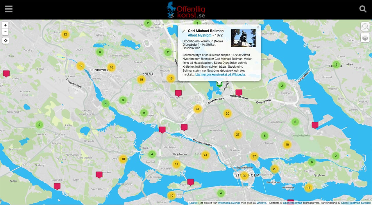 Screenshot of Offentlig Konst, showing an entry for an artwork with a photo attached (via offentligkonst.se)