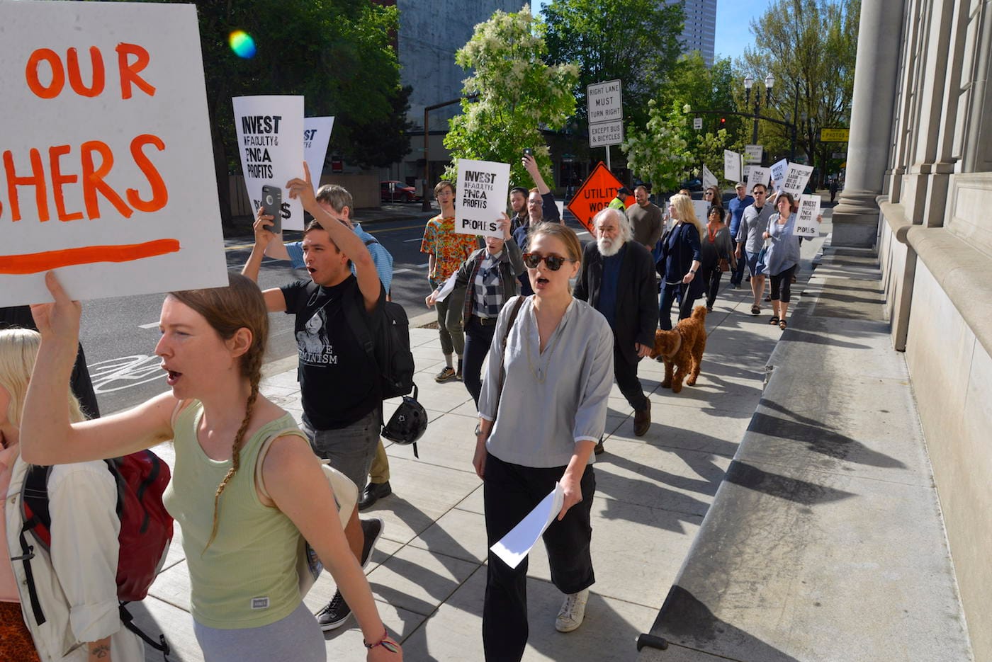 Students and faculty marching in protest at the Pacific Northwest College of Art in Portland, Oregon