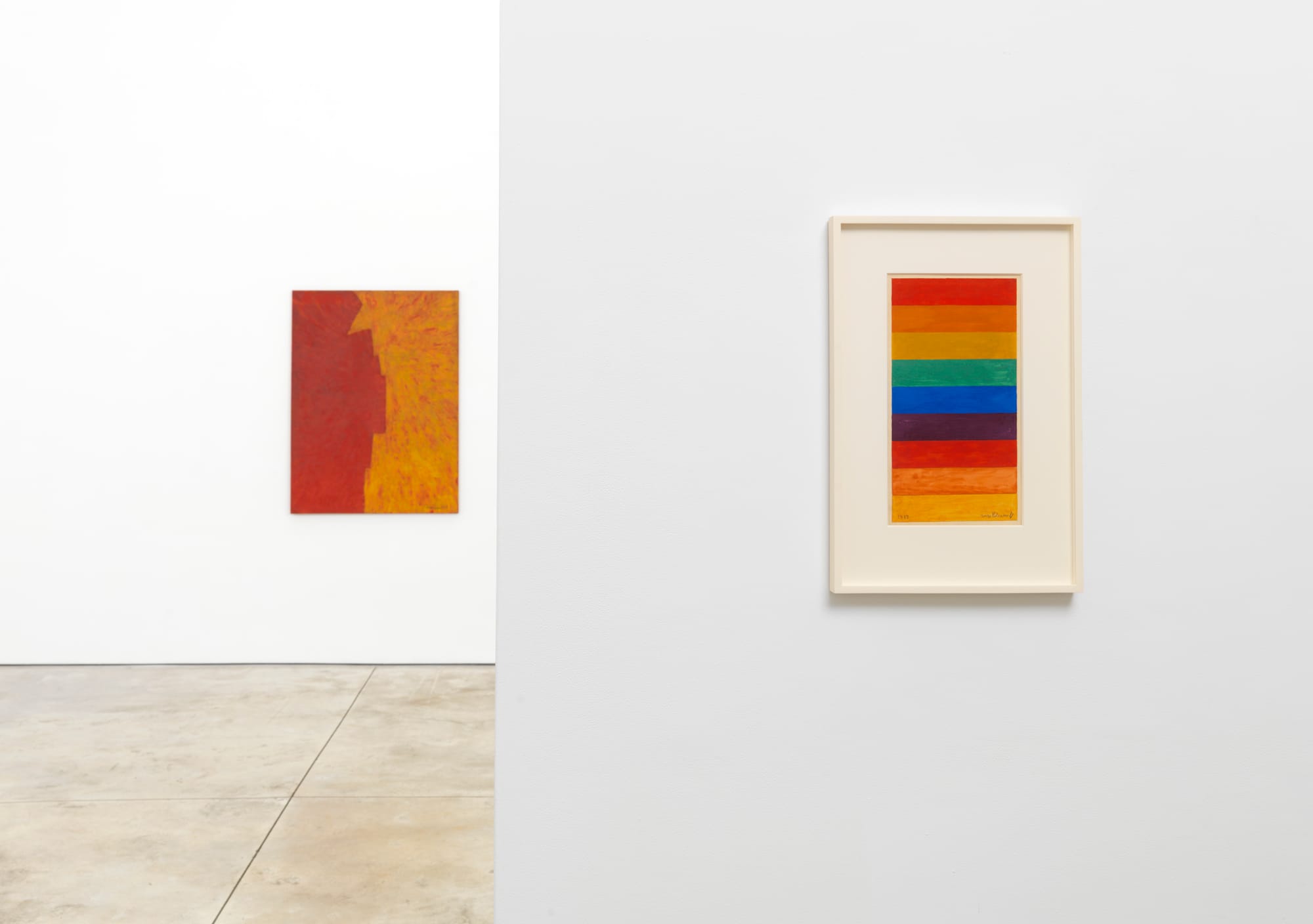Installation view: (left) Serge Poliakoff, “Composition Abstraite” (1957), Oil on panel, 51 1/4 x 38 1/4 inches, (right) Serge Poliakoff, Bands Colorées (1937), Gouache on paper, 15 x 7 3/4 inches. Photo by Brian Buckley.