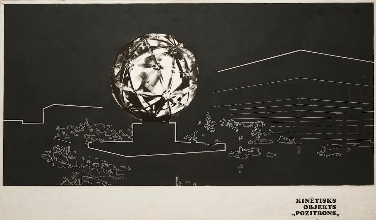 Valdis Celms, "View of Positron" (1977), ink and collaged photograph mounted on fiberboard (courtesy Zimmerli Art Museum, Norton and Nancy Dodge Collection of Nonconformist Art from the Soviet Union, © 2016 Artists Rights Society (ARS), New York / AKKA-LAA, Latvia, photo by Peter Jacobs)