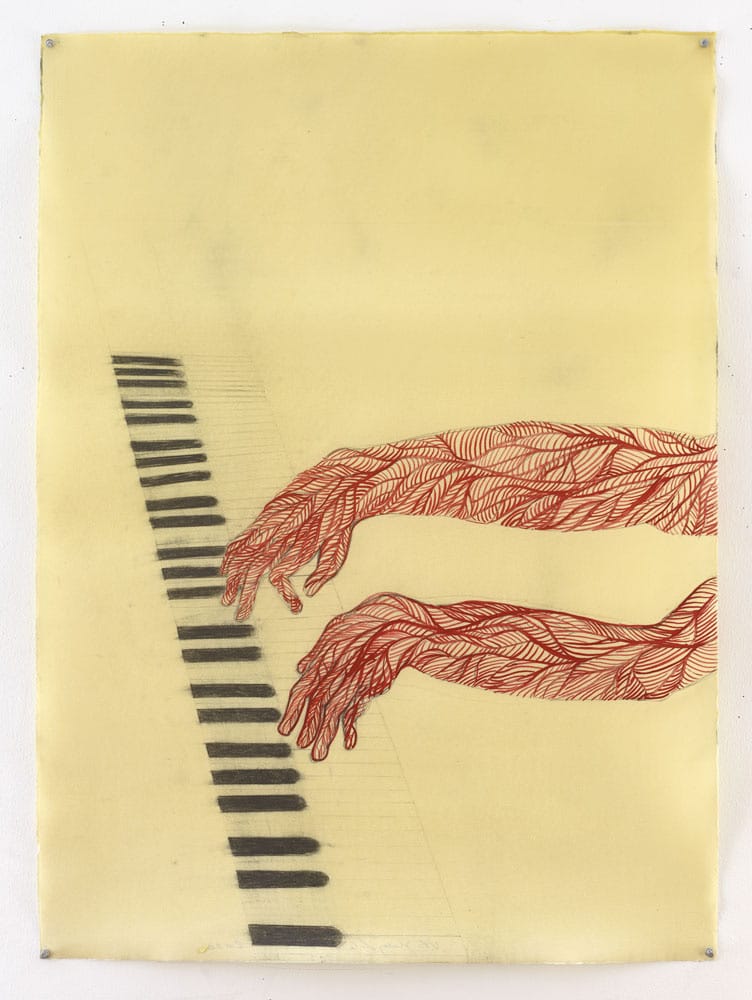 Sandra Vásquez de la Horra, "Componen sus Ritmos (Compose their Rhythms)" (2016), graphite and watercolor on paper, wax 42 1/4 x 30 3/4 inches 