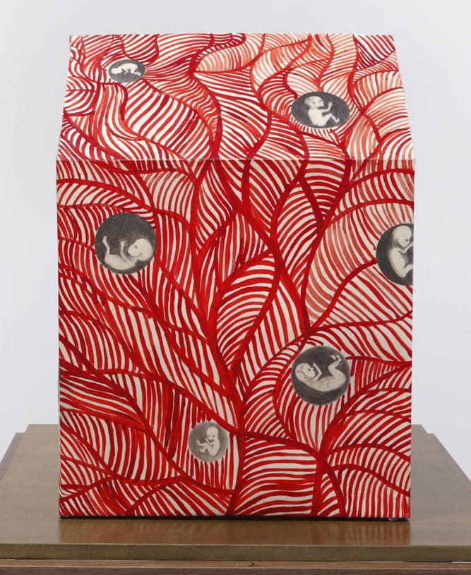 Sandra Vásquez de la Horra, "El Sueño del Àrbol Rojo (The Dream of the Red Tree)" (2016), graphite and watercolor on paper, wax, 22 x 14 1/4 x 14 1/4 inches