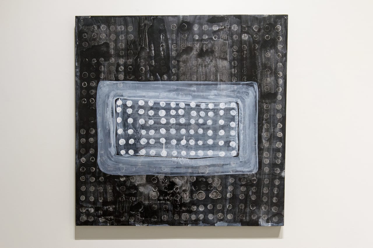 Torkwase Dyson, painting from "Strange Fruit (Series)," on view in 'Unkeeping' at Eyebeam (photo by Christine Butler)