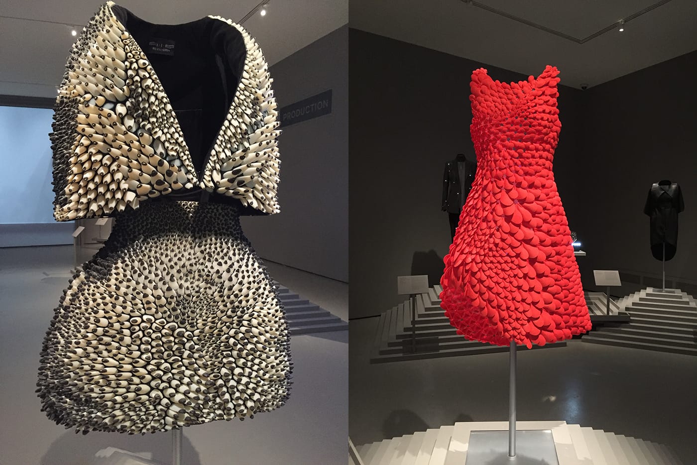 Left: Iris van Herpen and Neri Oxman's Anthozoa 3D Cape and Skirt (2013); right: Nervous System's Kinematic Petal Dress
