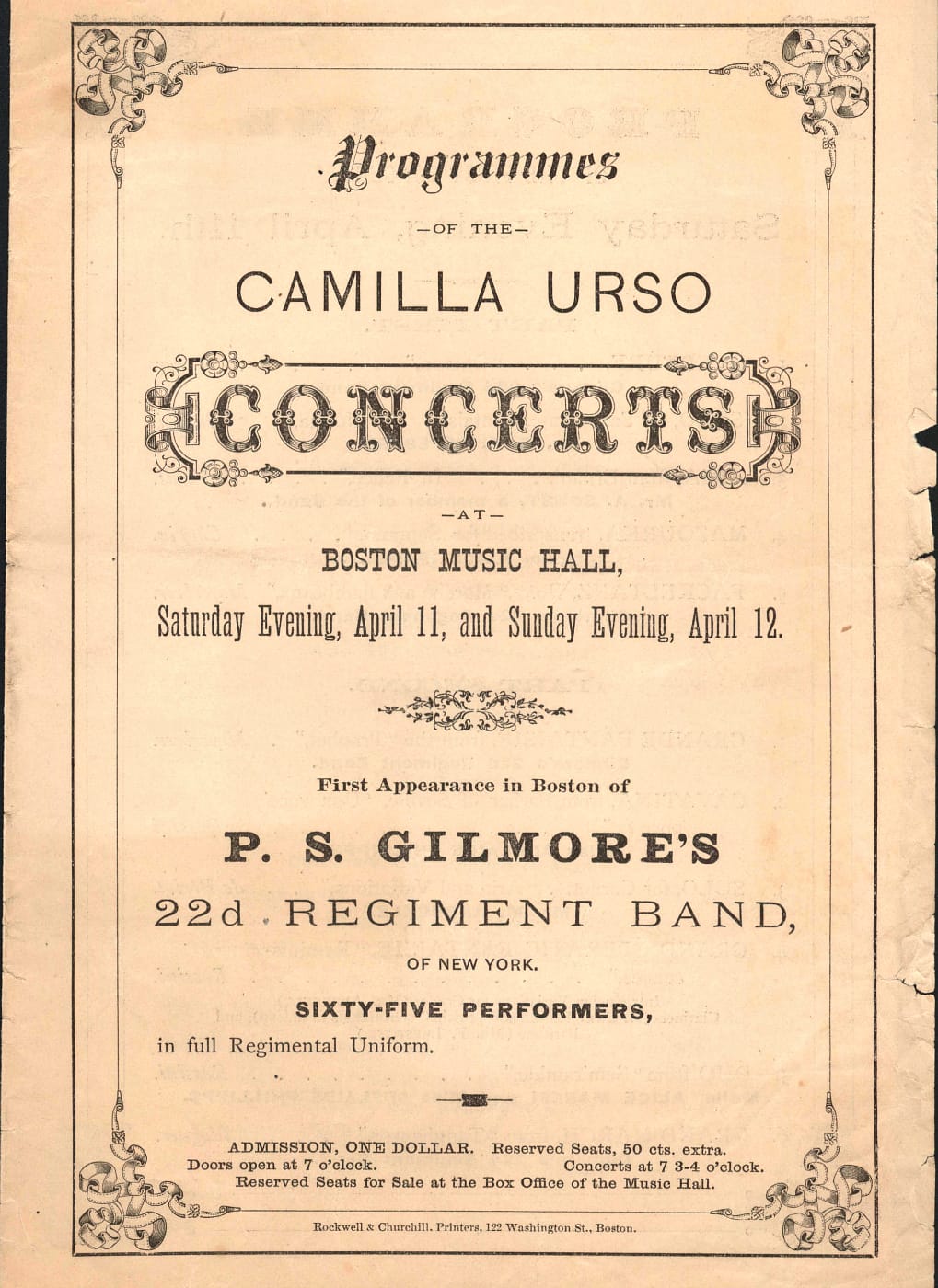 Cover of a program for the April 1863 concerts by Camilla Urso with P.S. Gilmore's 22nd Regiment Band at Boston Music Hall (via Wikimedia)
