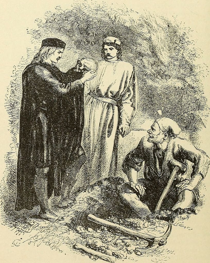 Illustration of the graveyard scene from 'Hamlet' from 'An Art Edition of Shakespeare' (1889) (via Internet Archive/Wikimedia)