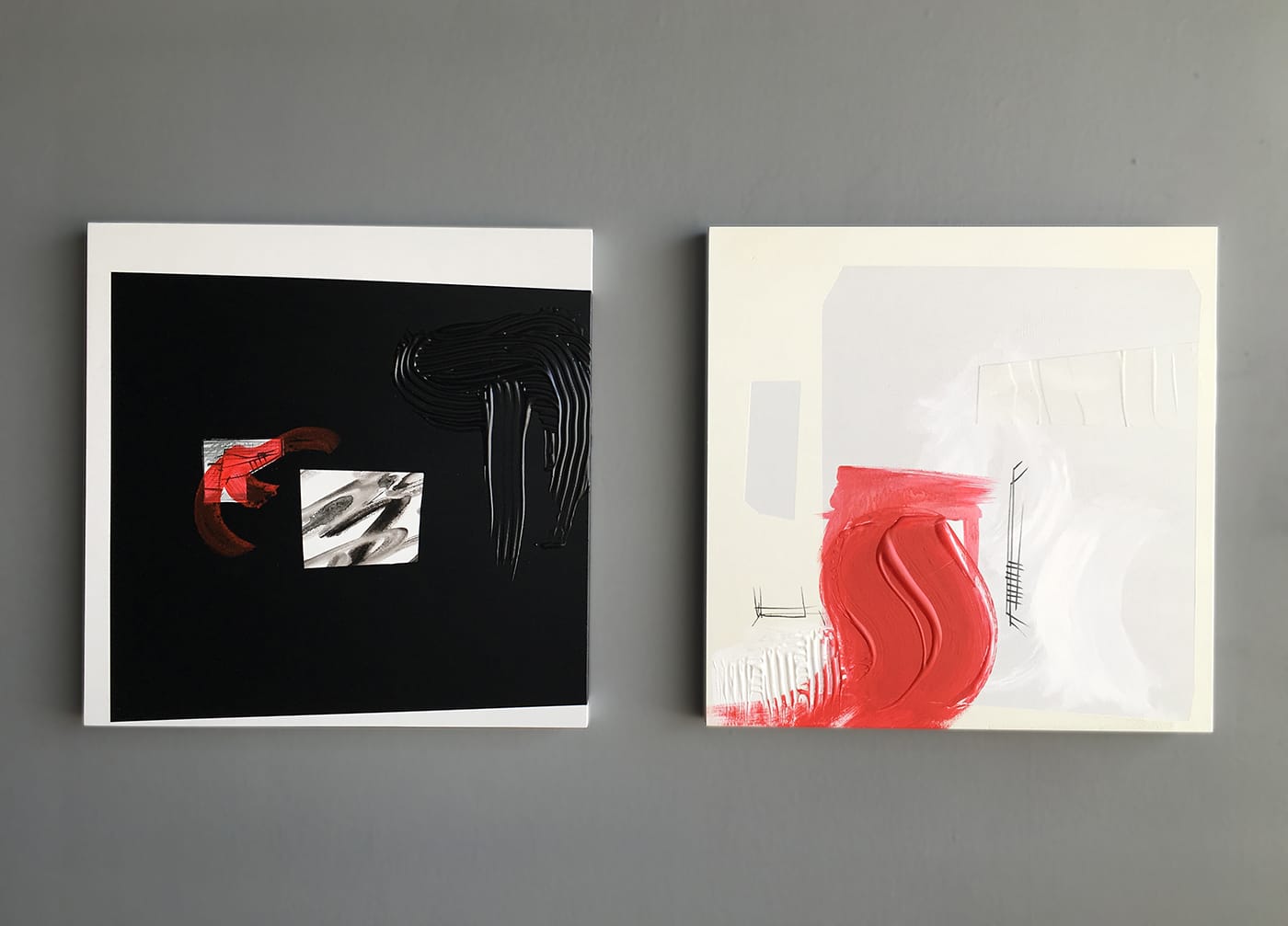 “Calculating with Absence (The Temple of Bliss and Emptiness 1 and 2)” (2016) acrylic on wood, 20 x 20 inches each