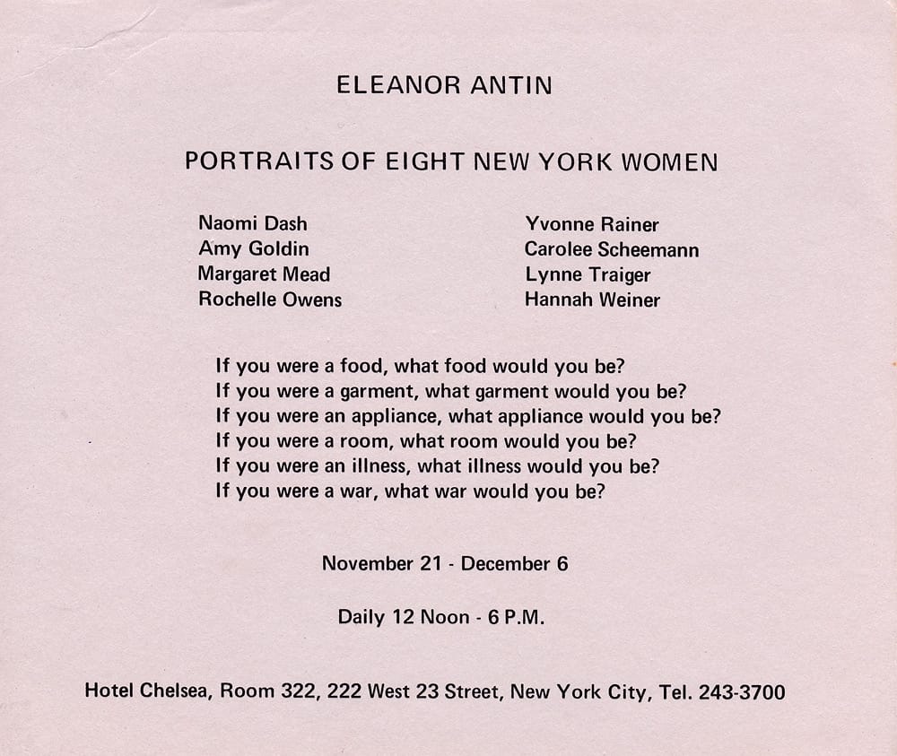 Eleanor Antin, Announcement for "Portraits of Eight New York Women" (1970) (via dianerosenstein.com)