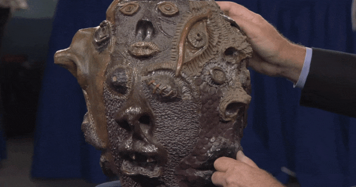 The inaccurately appraised "grotesque face jug" on an episode of "Antiques Roadshow" (GIF by the author for Hyperallergic via YouTube)