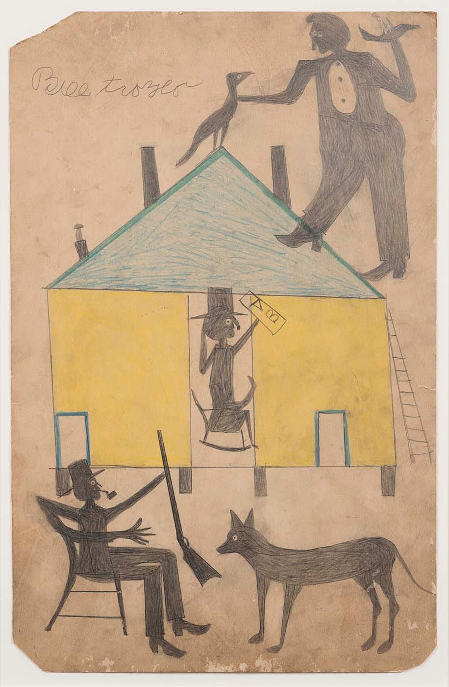 Bill Traylor, "Untitled (Yellow and Blue House with Figures and Dog)" (1939-42), colored pencil on cardboard, 22 1/4 × 14 1/4 inches (courtesy Smithsonian American Art Museum)