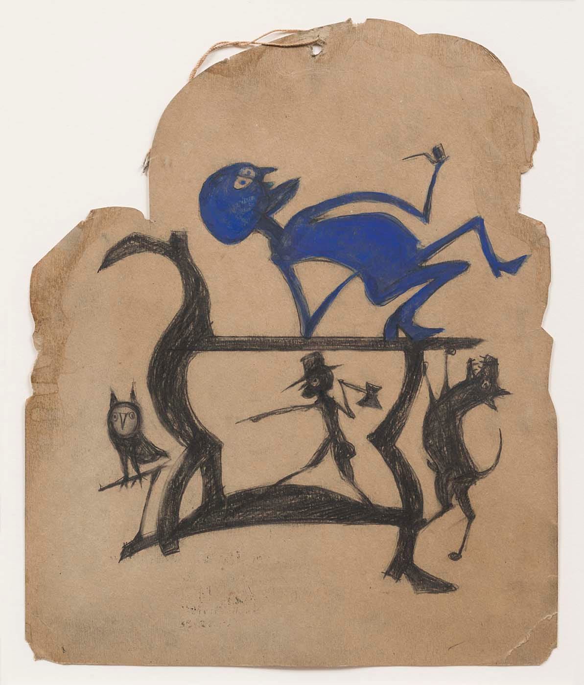 Bill Traylor, "Untitled (Legs Construction with Blue Man)" (1939-42), opaque watercolor, pencil, and charcoal on cardboard, 12 3/4 × 10 1/2 inches (courtesy Smithsonian American Art Museum)