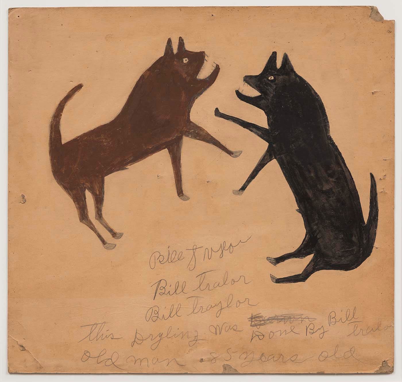 Bill Traylor, "Untitled (Dog Fight with Writing)" (1939-42), opaque watercolor, pencil, and charcoal on cardboard, 21 × 22 inches (courtesy Smithsonian American Art Museum)