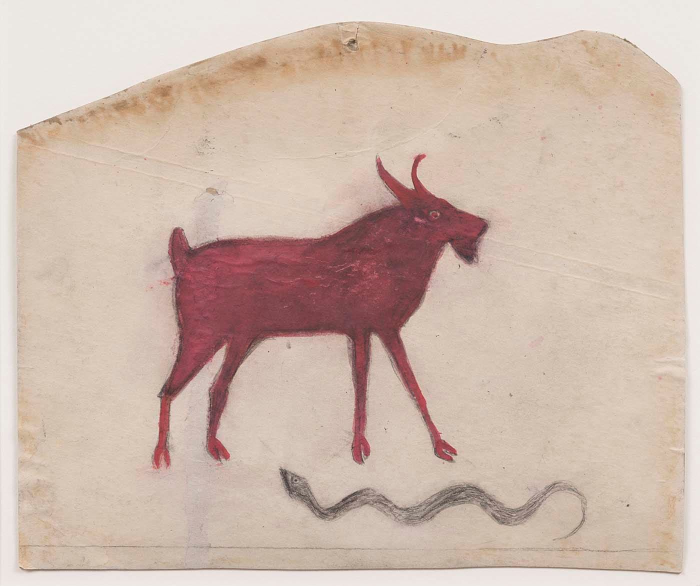 Bill Traylor, "Untitled (Red Goat with Snake)" (1939-42), opaque watercolor and pencil on cardboard, 11 3/4 × 14 1/4 inches (courtesy Smithsonian American Art Museum)