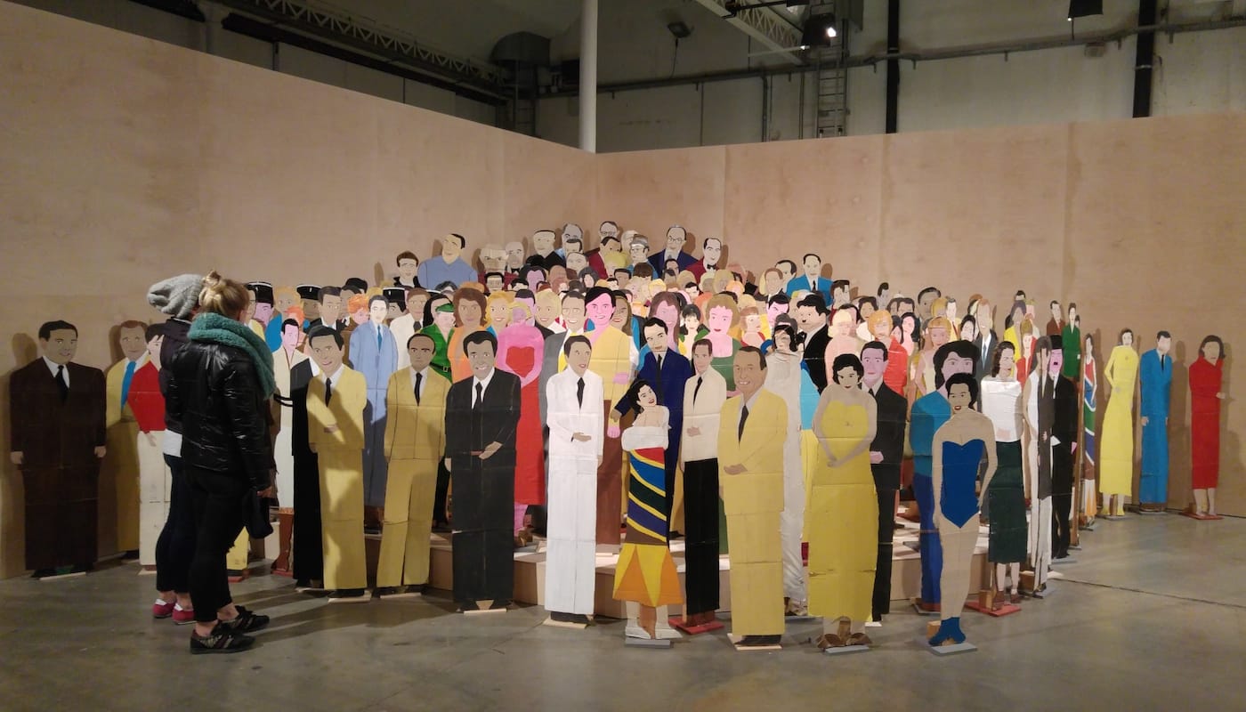 Guy Brunet's hand-painted "actors" in 'Guy Brunet Réalisateur : Le Studio Paravision' at Lieu Unique