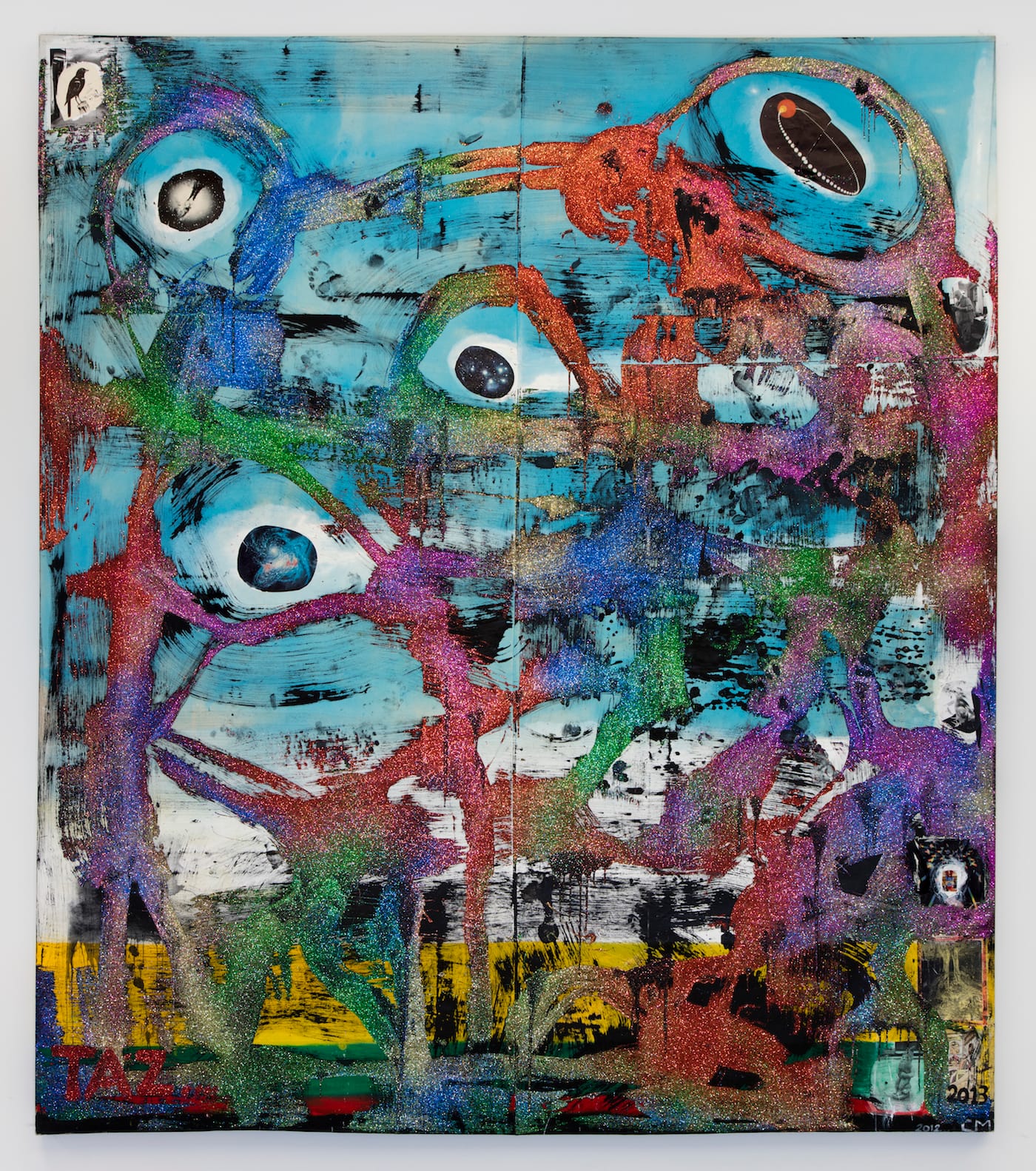 Chris Martin TAZ (orbits), 2012 acrylic, collage, glitter and oil on canvas 135 1/8 x 117 3/4 x 2 3/4 inches