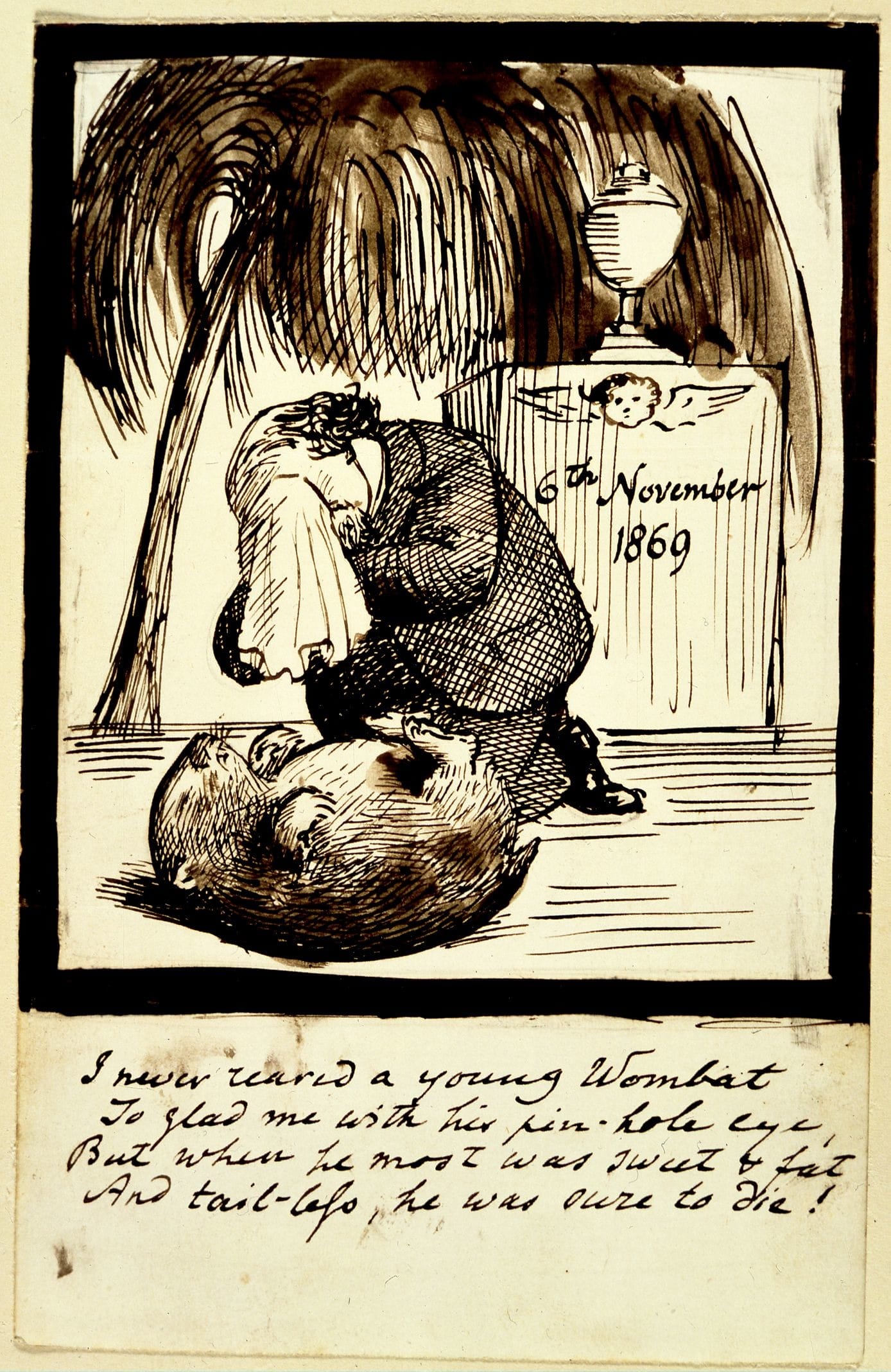 Dante Gabriel Rossetti's illustrated poem mourning his pet wombat (November 6, 1869), pen on paper (via British Museum/Wikimedia)