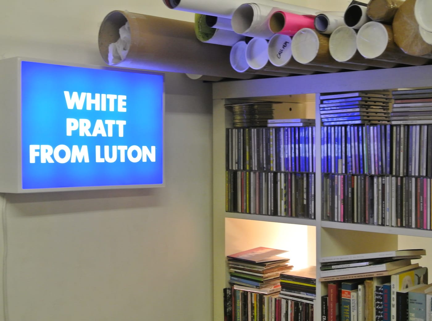 Lightbox work and bookshelves in Dominic from Luton's studio