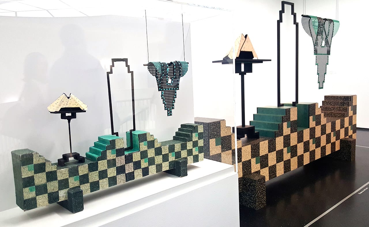 Diane Simpson, "Window Dressing: Background 6, Collar & Bib-deco" (2007/08), foam board, linoleum, wood aluminum, enamel, and archival cardboard, with maquette at left