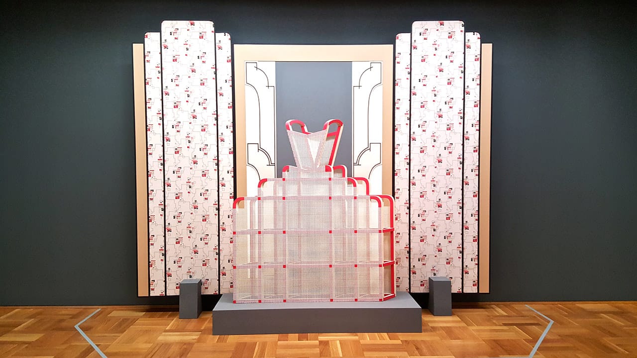 Diane Simpson, "Window Dressing: Background 3, Pinafore" (1994/2007), foam board, wood, enamel, vintage wallpaper, tape, cotton mesh, and oil satin and acrylic on MDF