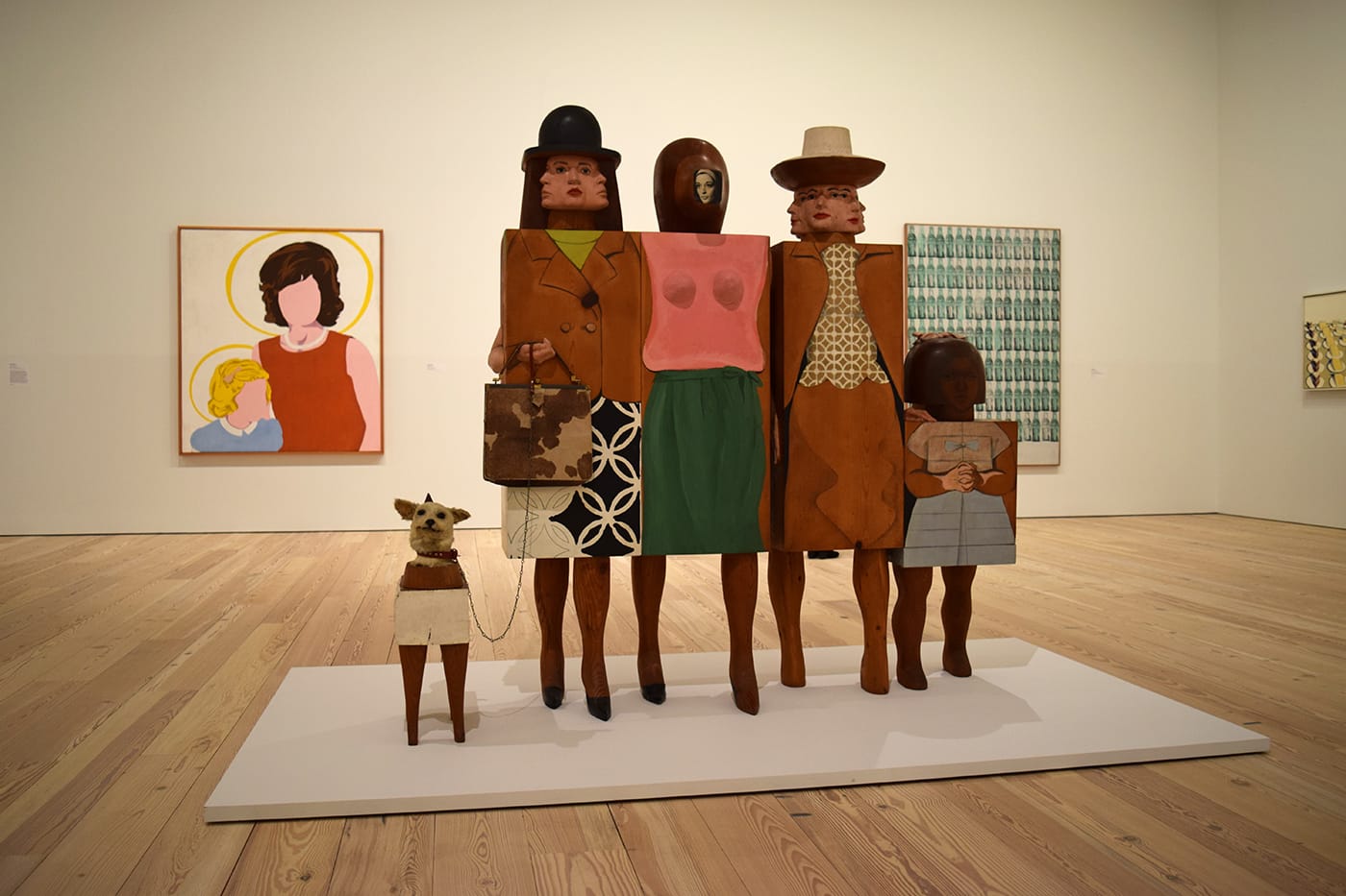 Marisol, "Women and Dog" (1963–64), on view in the Whitney Museum exhibition 'America Is Hard to See' (photo by Benjamin Sutton/Hyperallergic) (click to enlarge)