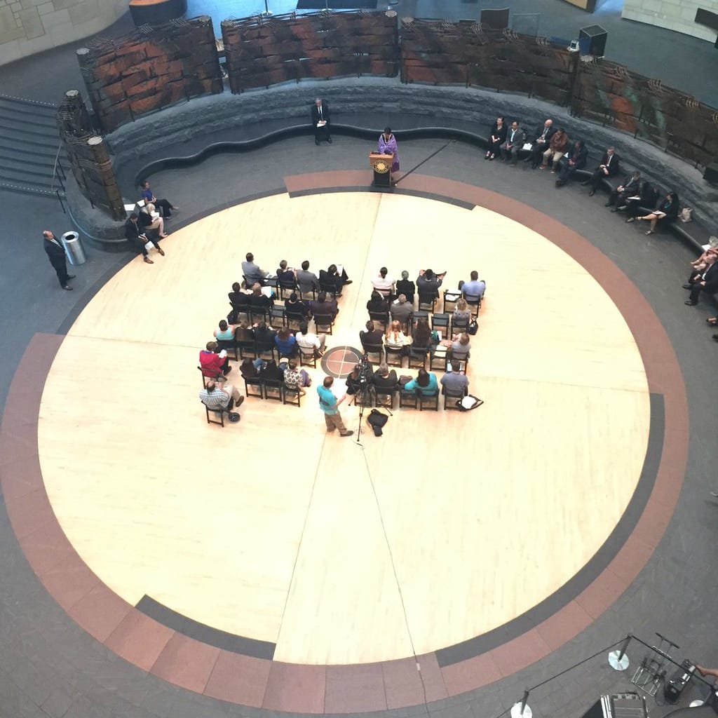 The emergency meeting regarding the EVE Paris auction of indigenous human remains and sacred objects at the Smithsonian's National Museum of the American Indian (courtesy NMAI, via Twitter)