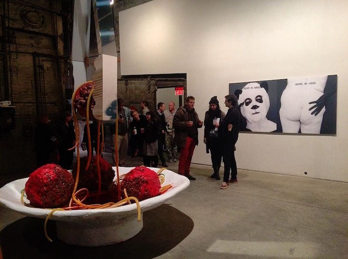 Works by Jen Catron and Paul Outlaw (left), and Martha Wilson (right) at Seven (photo by @PPOWGallery/Instagram)