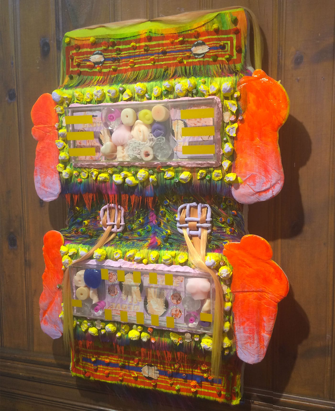 In Safe Gallery's booth, Kari Cholnoky's "Life Like Feel" (2016), faux fur, urethane foam, plexiglass, acrylic, pompoms, synthetic hair, self-lubricating silicone, collage