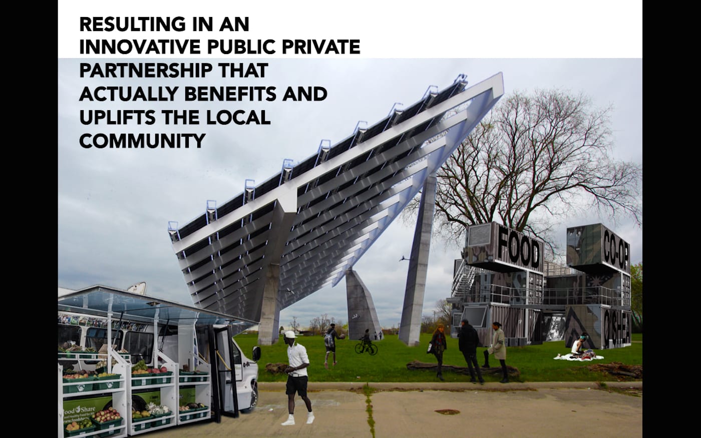 Slide from our group presentation on a cooperative food store with solar panel roof in the O'Shea neighborhood of Detroit (image courtesy Unai Reglero)