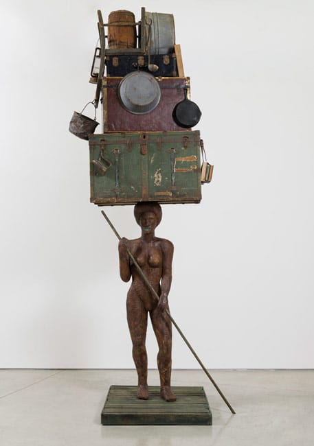 Alison Saar "Breach (large figure on raft)" (2016), wood, ceiling tin, found trunks, washtubs and misc objects, 155 x 60 x 51 in. (via lalouver.com)