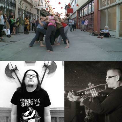 clockwise from top: Simone Forti, "Huddle," Dan Clucas, Bobb Bruno (via facebook)