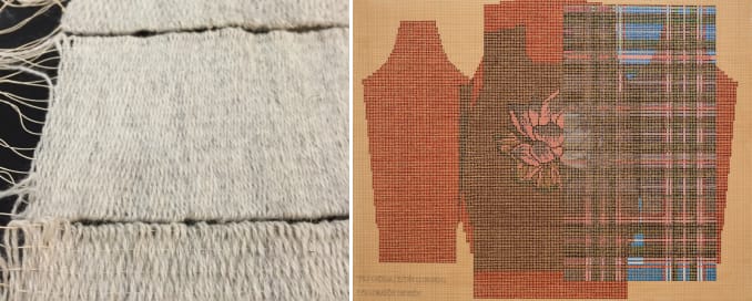 Left: Mette Clausen, "Standard Incomparable reference image" (2016), Right: Ellen Lesperance, "Mis Cuerdas Están Llorando, Y Mi Corazón También" (2015), gouache and graphite on tea-stained paper, 22 x 29 1/2 inches (via armoryarts.org)