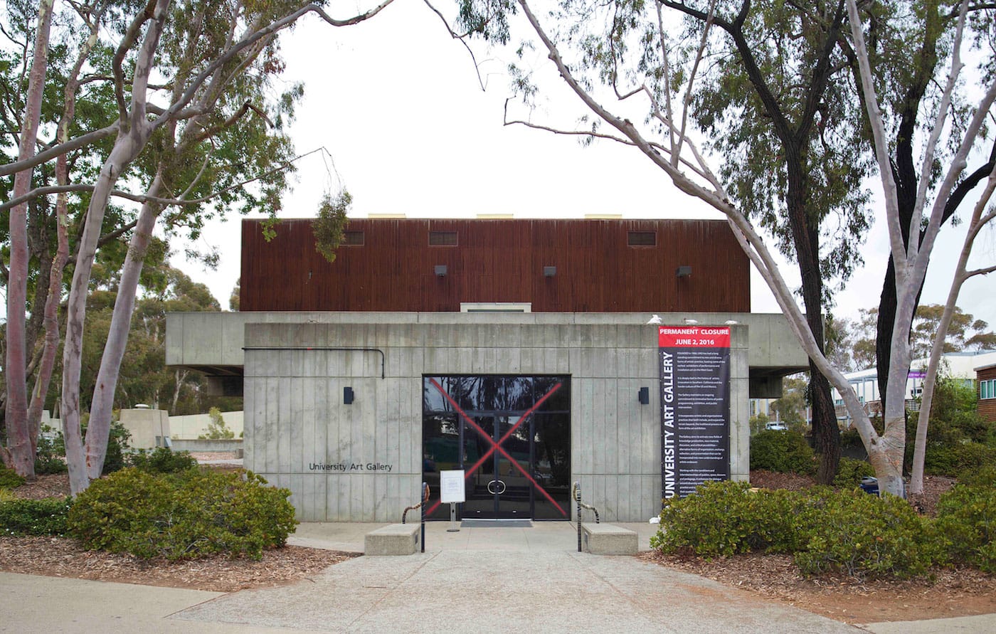 The exterior of the University Art Gallery at the University of California, San Diego, following an intervention by Collective Magpie (photo courtesy the artists)