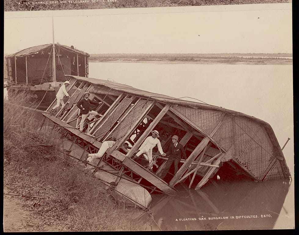 Bourne & Shepherd, "A Floating Oak Bungalow in Difficulties" (via the Emma A. Koch photograph collection of India, South Asia, and Australia, National Anthropological Archives, Smithsonian Institution)