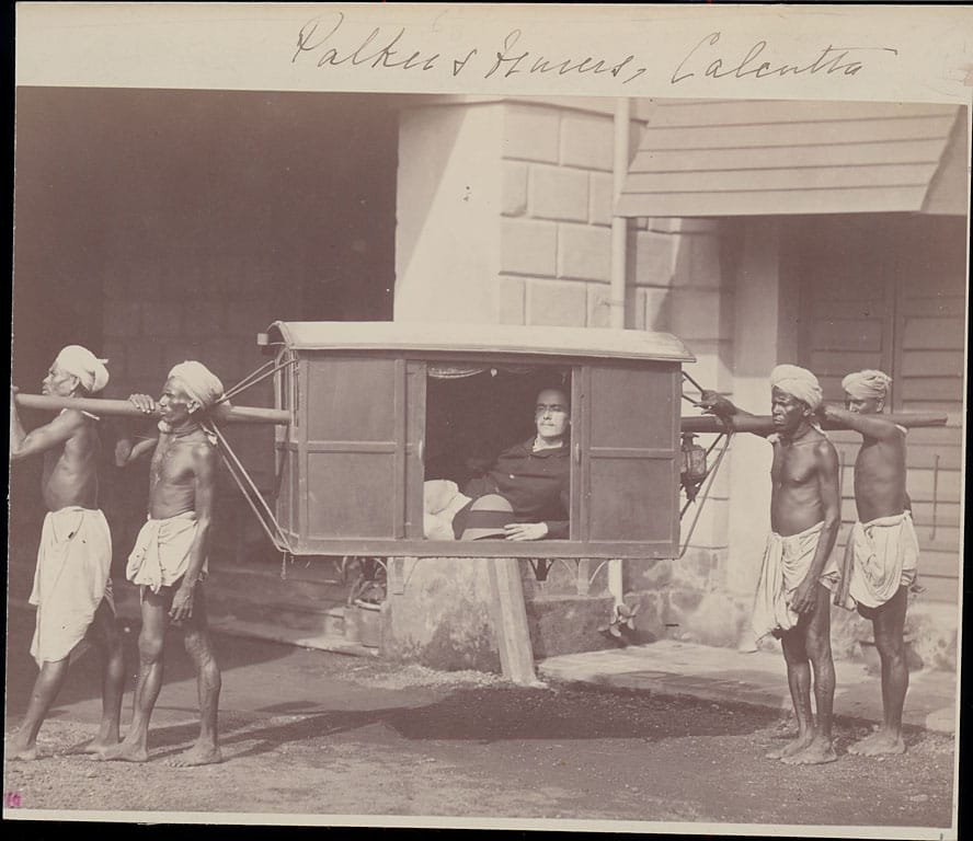 Bourne & Shepherd's photo of Four Bengal men carrying man in a palki or palanquin (via Emma A. Koch photograph collection of India, South Asia, and Australia, National Anthropological Archives, Smithsonian Institution)