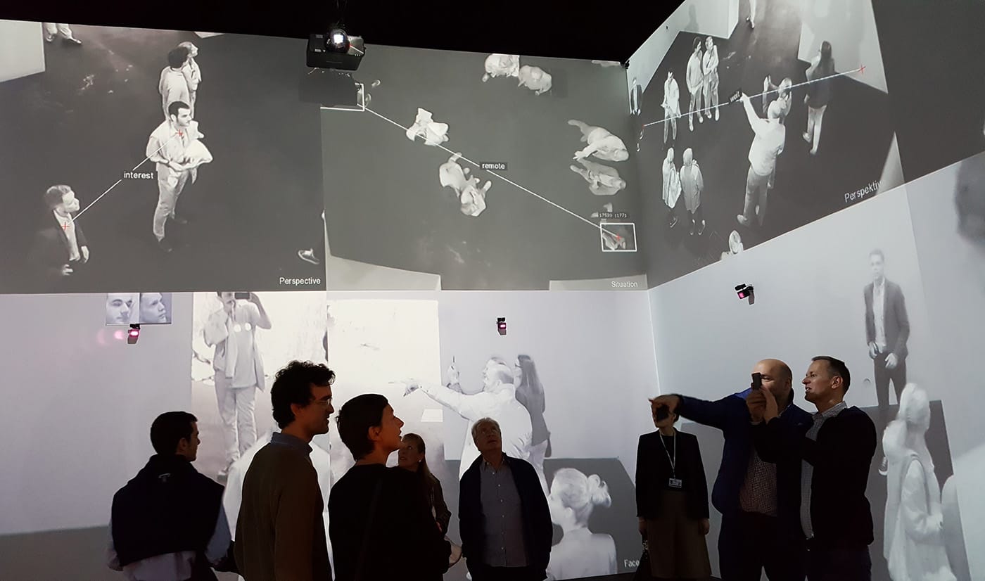 Inside Rafael Lozano-Hemmer and Krzysztof Wodiczko's installation, presented by Carroll / Fletcher