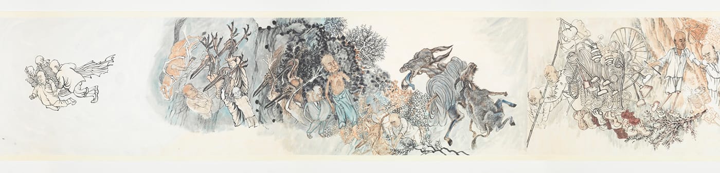 Yun-Fei Ji, "The Move of the Village Wen" (end detail, 2012), ink and mineral pigments on Xuan paper mounted on silk, 13 3/8 x 48 1/8 in (34 x 122.2 cm) (courtesy the artist and James Cohan, New York, ©Yun-Fei Ji) (click to enlarge)