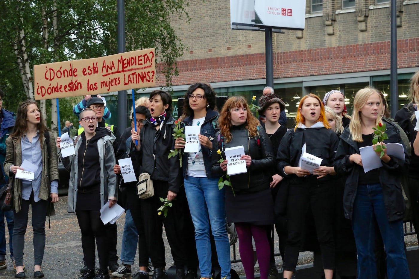 Protesters chanting slogans on the Turbine Hall ramp outside the artist’s preview