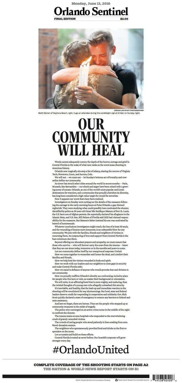 Front page of 'Orlando Sentinel,' image via the Huffington Post
