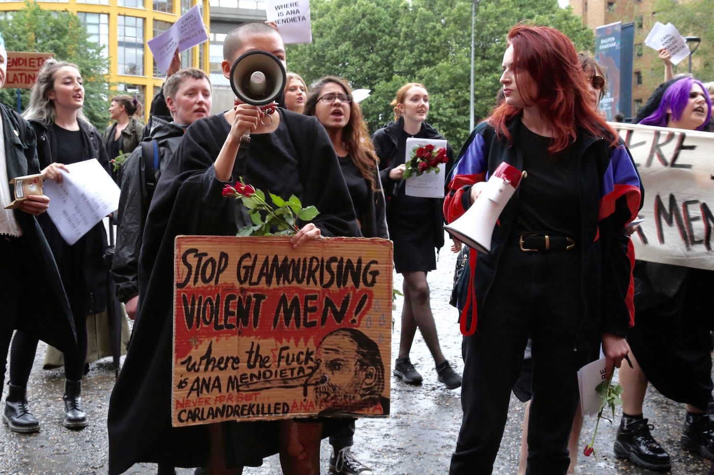 Chanting slogans on the Turbine Hall ramp outside the artist’s preview