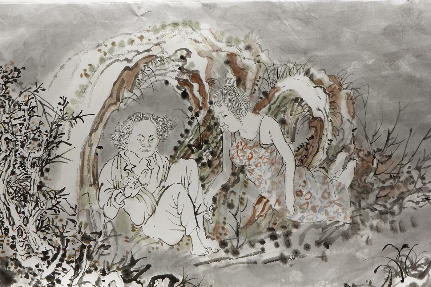Yun-Fei Ji, "After the First Seventh Day" (detail, 2016), ink and watercolor on Xuan paper, suite of three scrolls: two measuring 17 in x 10 ft (43.2 cm x 3 m); one measuring 17 ½ x 15 ft (44.5 cm x 4.6 m) (courtesy the artist and James Cohan, New York) (photo by John Bentham, courtesy the Ruth and Elmer Wellin Museum of Art)