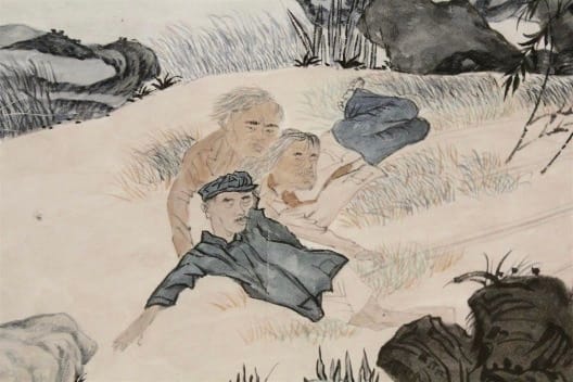 Yun-Fei Ji, "Part Secretary’s Dream" (detail, 2015), ink and watercolor on Xuan paper, 15 ¼ x 41 1/8 in (photo by the author for Hyperallergic)