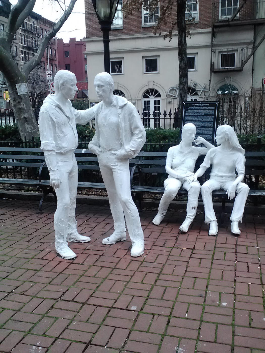 George Segal's "Gay Liberation" sculptures in Christopher Park across the street from the Stonewall Inn (photo by The All-Nite Images/Flickr)
