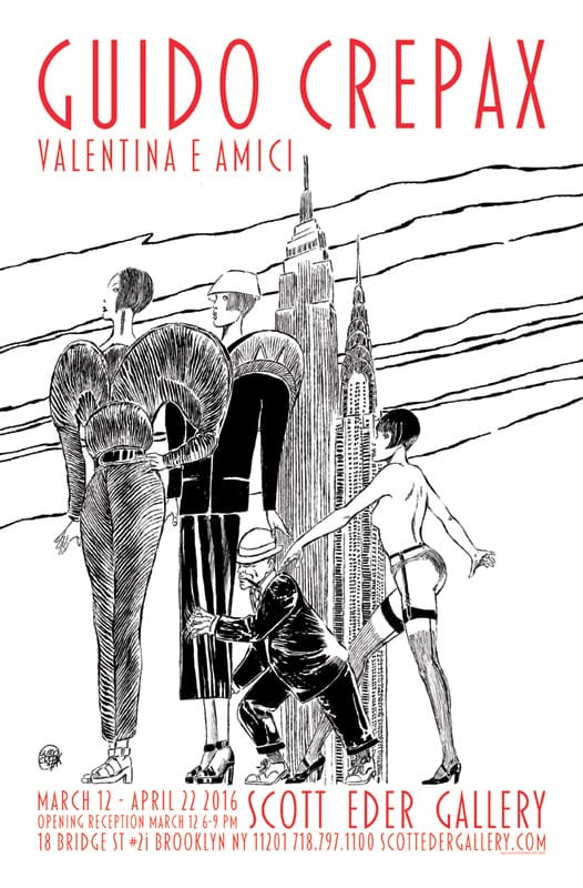 Advertising poster of Guido Crepax’s retrospective Guido Crepax: Valentina e Amici on view at the Scott Eder Gallery in Dumbo, Brooklyn, N.Y.