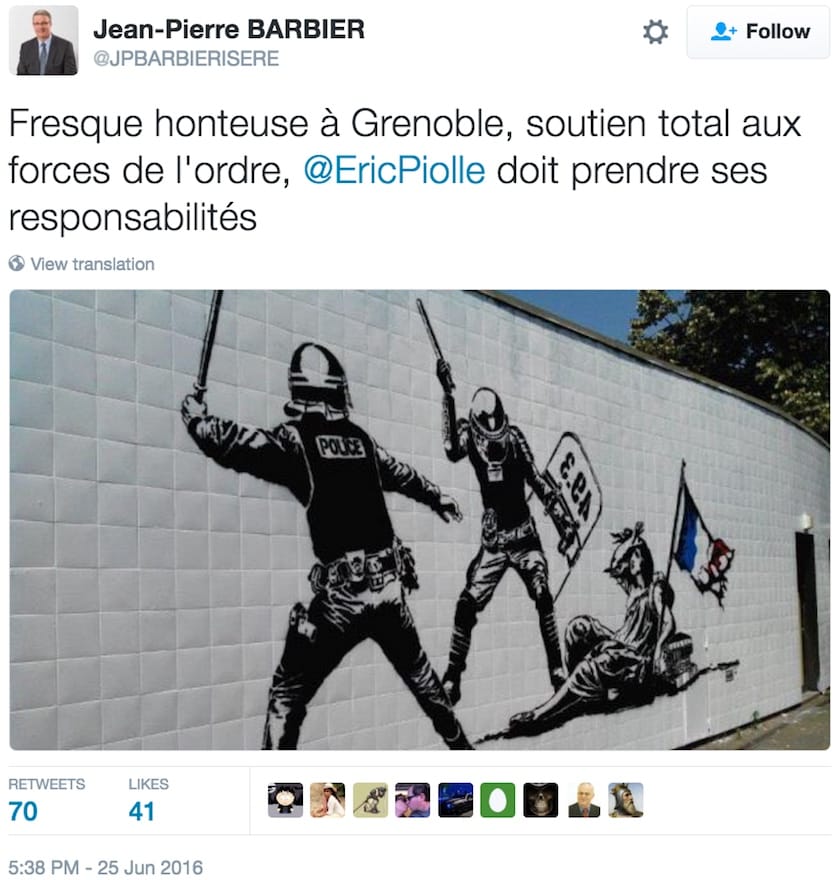 A mural by Goin in Grenoble caused sparked calls for censorship, but will remain in place. (screenshot by the author via Twitter)