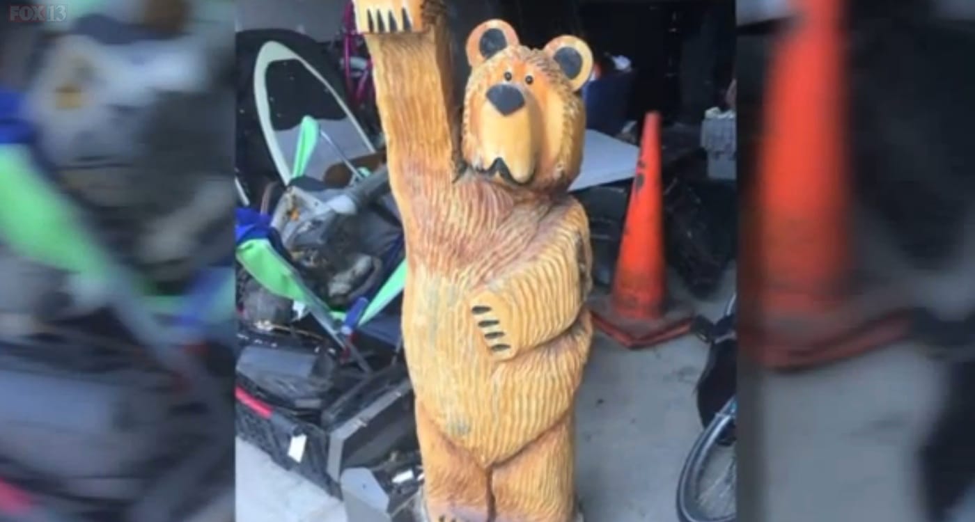 A chainsaw-carved bear sculpture stolen in Albuquerque and recovered in Utah (screenshot by the author via FOX13)